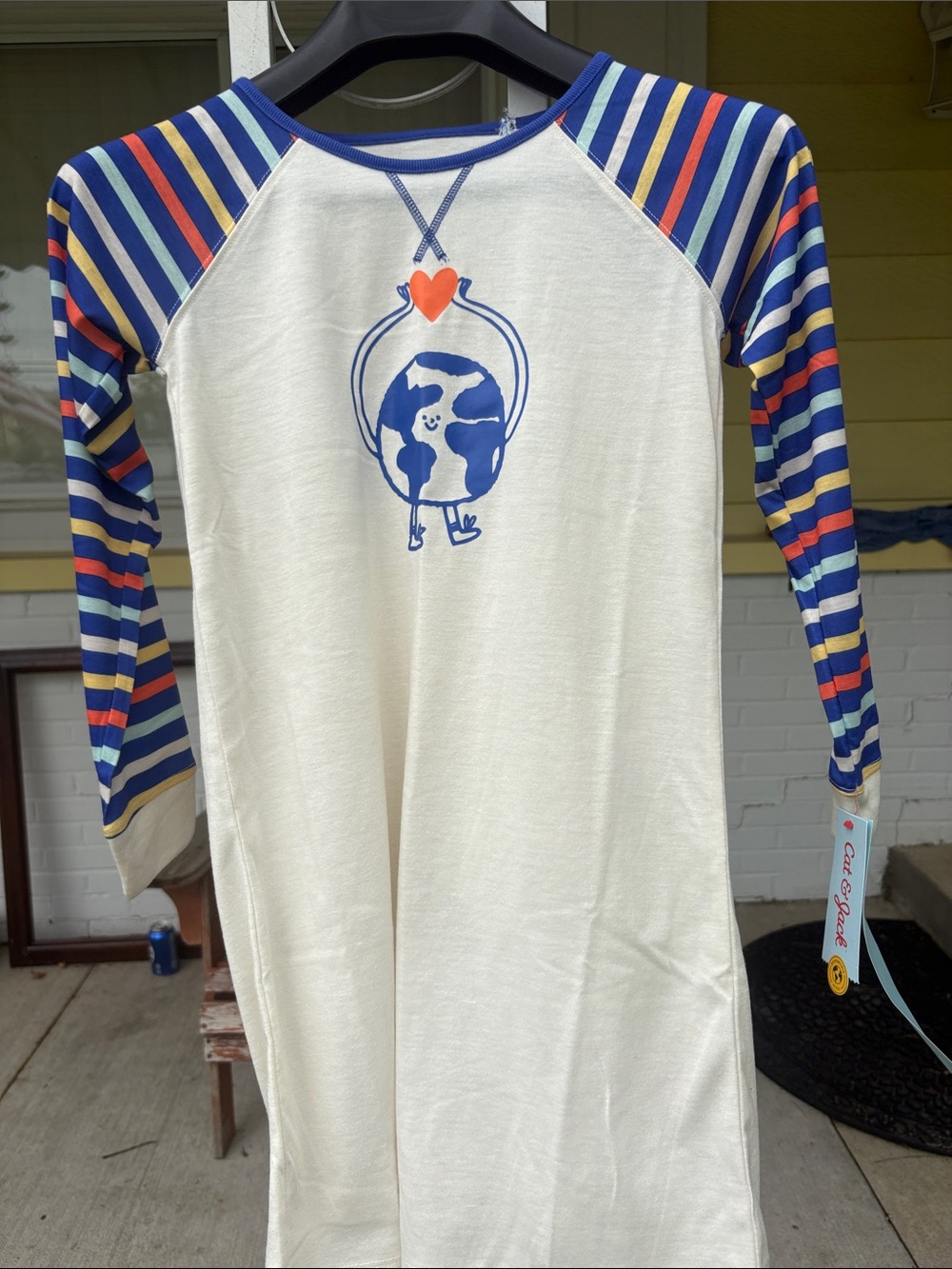 Cat & Jack Cream Nightgown with Blue Striped Raglan Sleeves and Orange Heart